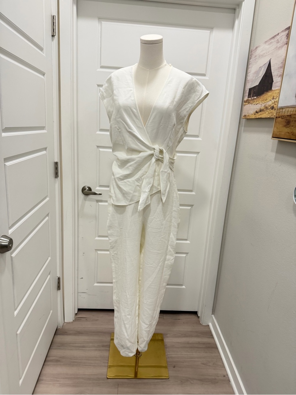 Womens White Wrap-Front Wide Leg Jumpsuit - Picture 2 of 8